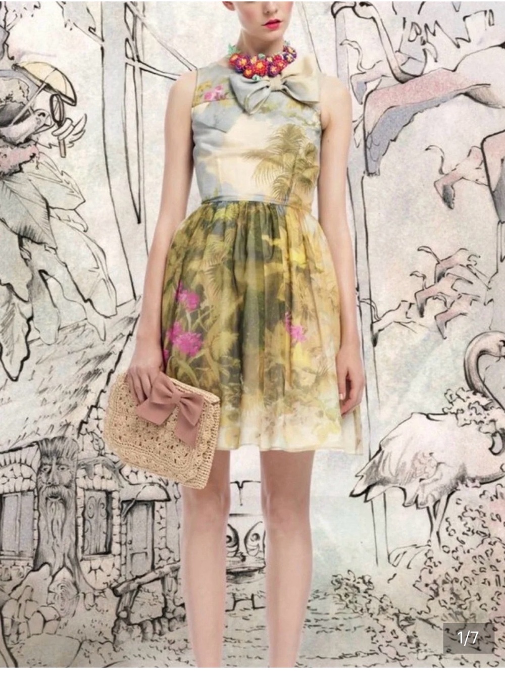 Red Valentino Floral Bow-Accent Sundress in Pastel Yellow and Green